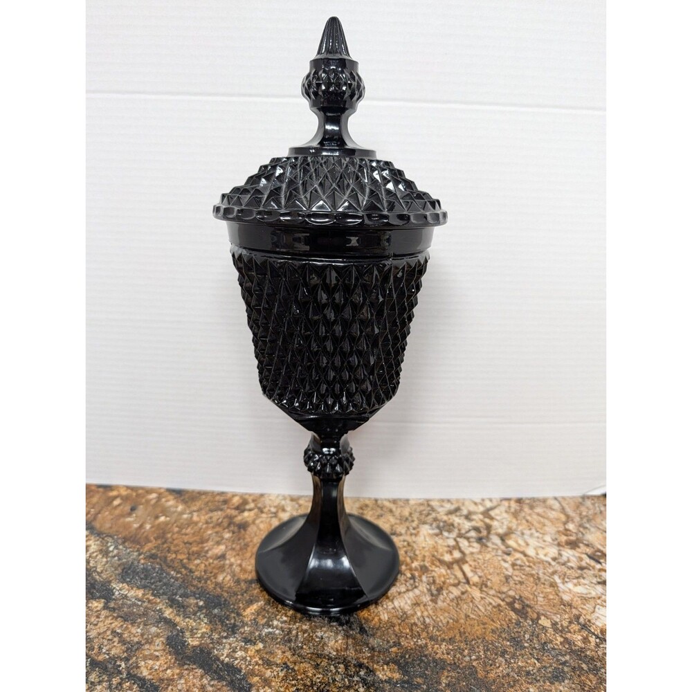 Vintage Black Milk Glass Diamond Pattern Apothecary Jar